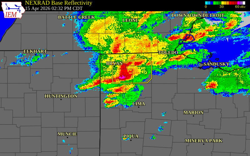 NEXRAD radar during the Wednesday, April 15, 2026 storm activity in Defiance County, Ohio