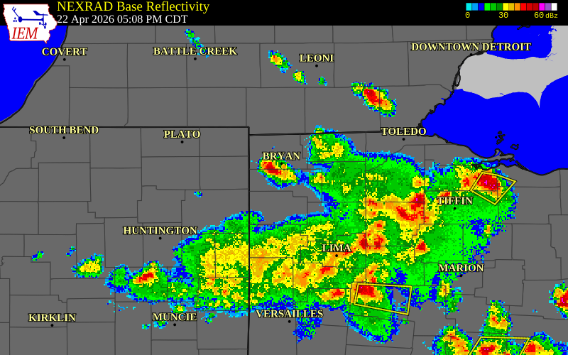 NEXRAD radar during the Wednesday, April 22, 2026 storm activity in Defiance County, Ohio
