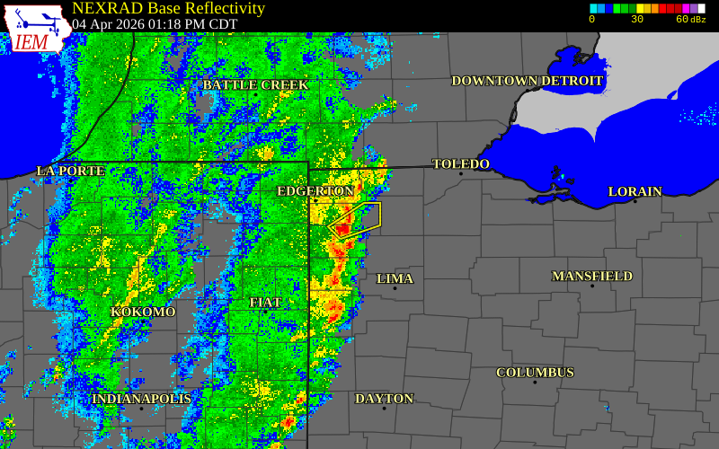 Radar snapshot during the Apr 4, 2026 tornado event near 2 SW Defiance, Defiance County, Ohio, with NWS warning polygons