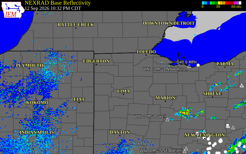 Current NEXRAD radar over Defiance County, Ohio with recent storm report locations