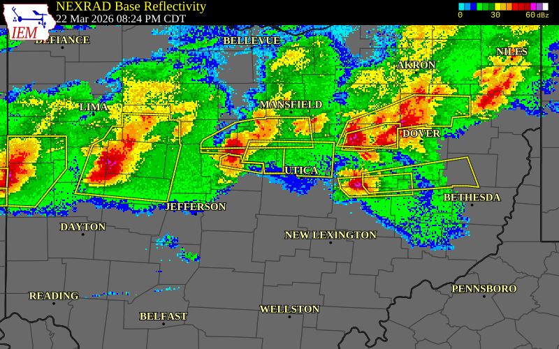 NEXRAD radar during the Sunday, March 22, 2026 storm activity in Delaware County, Ohio