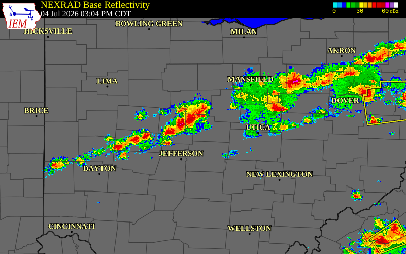 NEXRAD radar during the Saturday, July 4, 2026 storm activity in Delaware County, Ohio