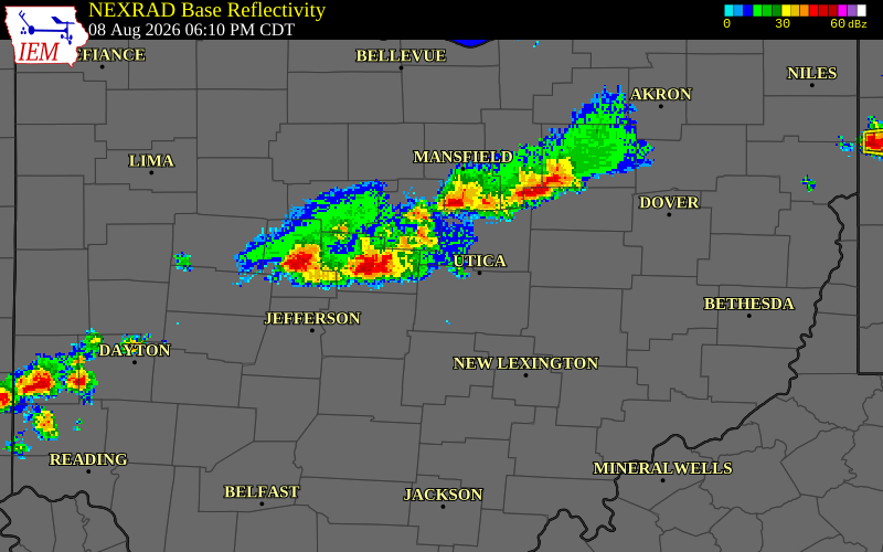 NEXRAD radar during the Saturday, August 8, 2026 storm activity in Delaware County, Ohio