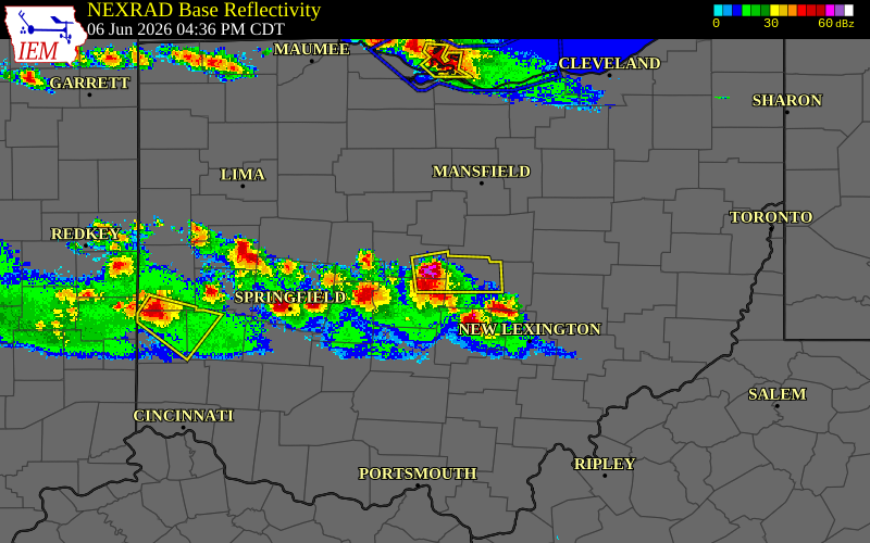 Radar snapshot during the Jun 6, 2026 hail event near 3 SE Galena, Delaware County, Ohio, with NWS warning polygons