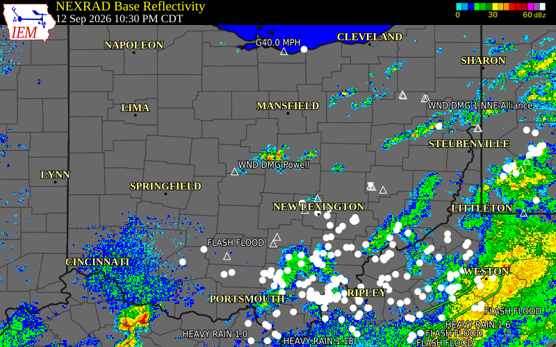 Current NEXRAD radar over Delaware County, Ohio with recent storm report locations