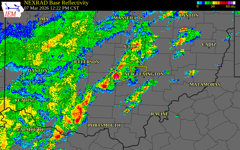 NEXRAD radar during the Saturday, March 7, 2026 storm activity in Fairfield County, Ohio