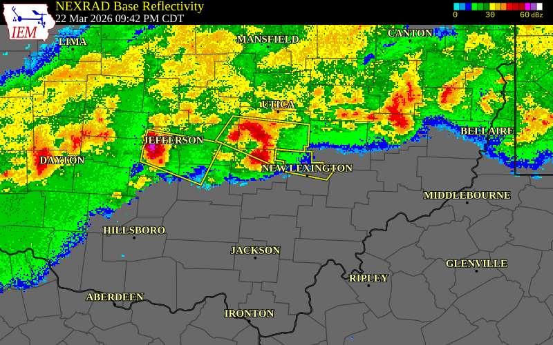 NEXRAD radar during the Sunday, March 22, 2026 storm activity in Fairfield County, Ohio