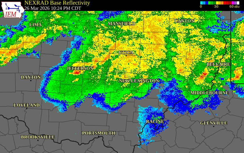NEXRAD radar during the Thursday, March 26, 2026 storm activity in Fairfield County, Ohio