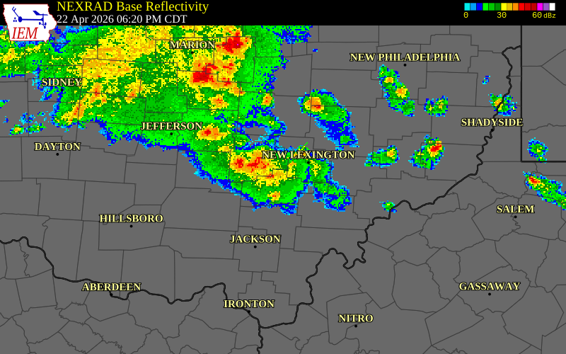 NEXRAD radar during the Wednesday, April 22, 2026 storm activity in Fairfield County, Ohio