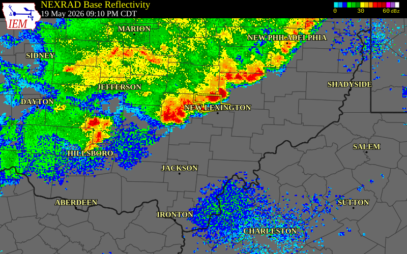 NEXRAD radar during the Tuesday, May 19, 2026 storm activity in Fairfield County, Ohio