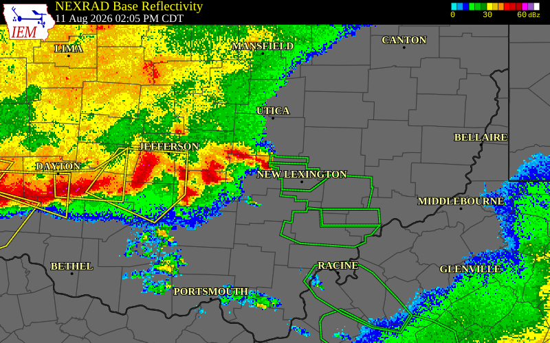 NEXRAD radar during the Tuesday, August 11, 2026 storm activity in Fairfield County, Ohio