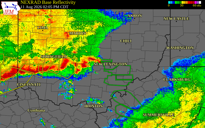 Radar snapshot during the Aug 11, 2026 wind event near Fairfield County, Fairfield County, Ohio, with NWS warning polygons