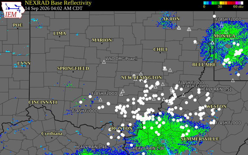 Current NEXRAD radar over Fairfield County, Ohio with recent storm report locations