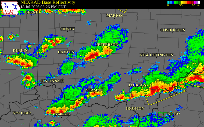 NEXRAD radar during the Saturday, July 18, 2026 storm activity in Fayette County, Ohio