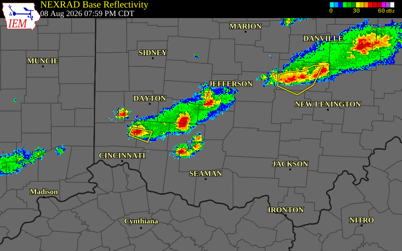 NEXRAD radar during the Saturday, August 8, 2026 storm activity in Fayette County, Ohio