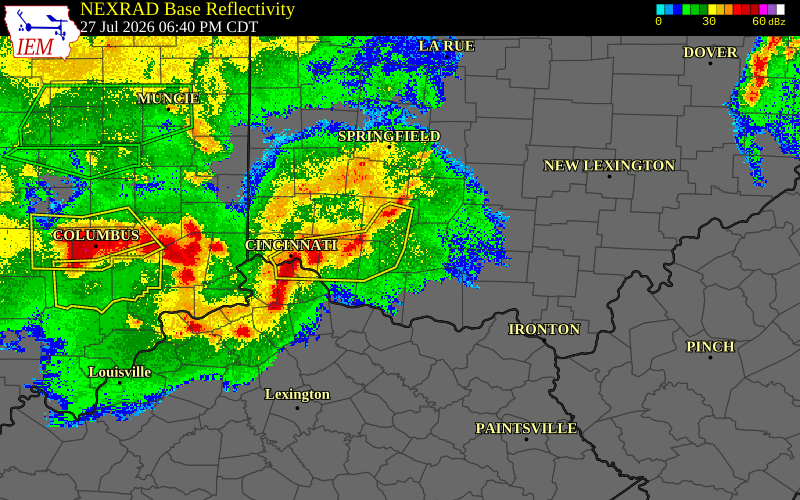 Radar snapshot during the Jul 27, 2026 wind event near Fayette County, Fayette County, Ohio, with NWS warning polygons
