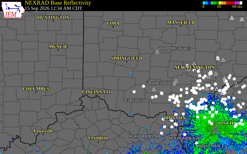 Current NEXRAD radar over Fayette County, Ohio with recent storm report locations