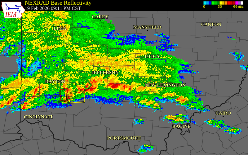 NEXRAD radar during the Thursday, February 19, 2026 storm activity in Franklin County, Ohio