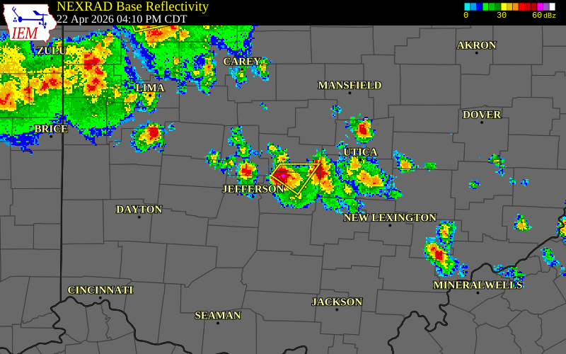 NEXRAD radar during the Wednesday, April 22, 2026 storm activity in Franklin County, Ohio