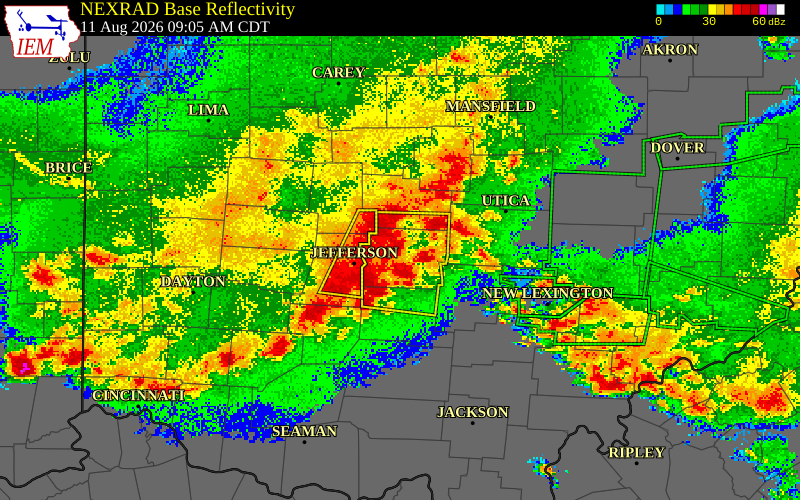 NEXRAD radar during the Tuesday, August 11, 2026 storm activity in Franklin County, Ohio