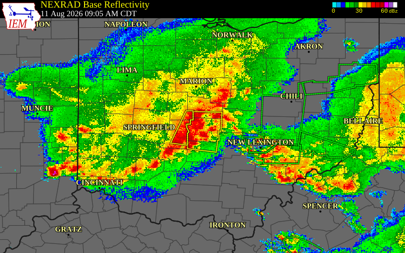 Radar snapshot during the Aug 11, 2026 tornado event near 2 SSE Downtown Columbus, Franklin County, Ohio, with NWS warning polygons
