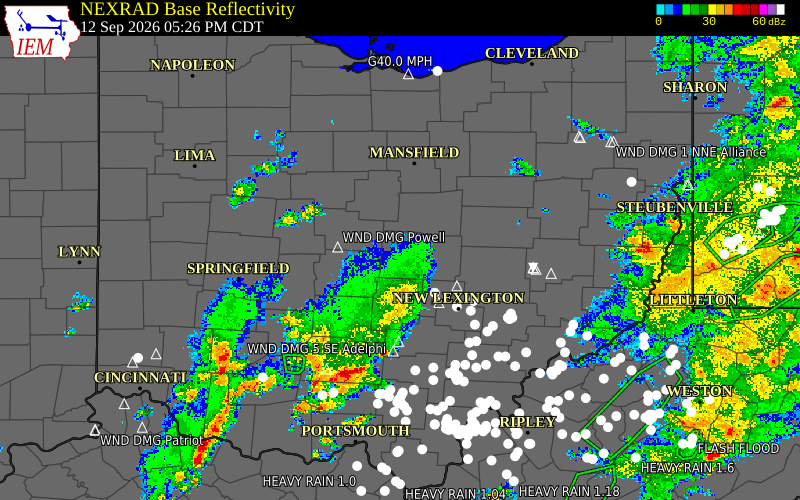 Current NEXRAD radar over Franklin County, Ohio with recent storm report locations