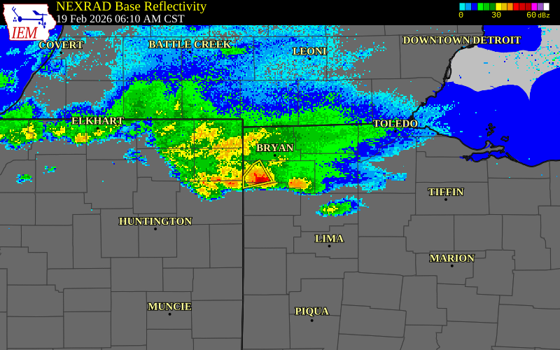 NEXRAD radar during the Thursday, February 19, 2026 storm activity in Fulton County, Ohio