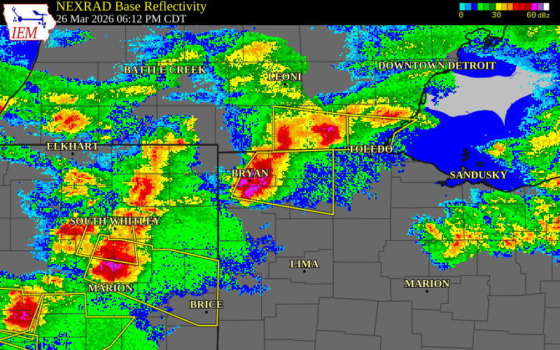 NEXRAD radar during the Thursday, March 26, 2026 storm activity in Fulton County, Ohio