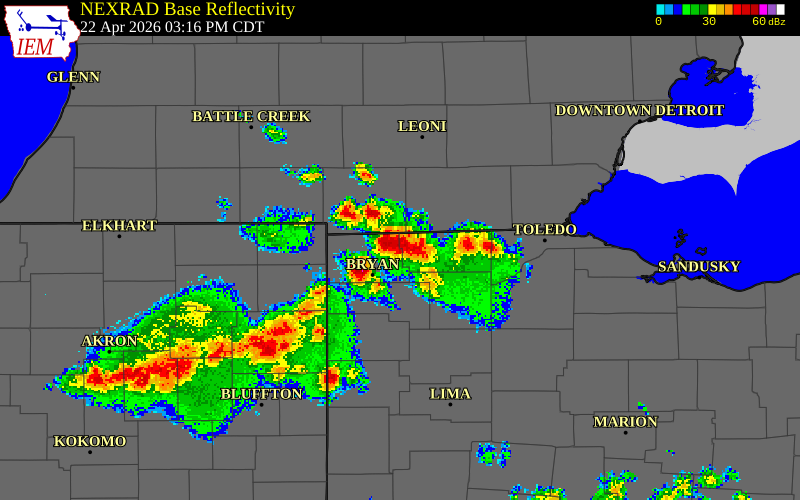 NEXRAD radar during the Wednesday, April 22, 2026 storm activity in Fulton County, Ohio