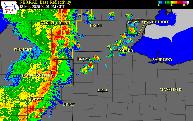 NEXRAD radar during the Monday, May 18, 2026 storm activity in Fulton County, Ohio