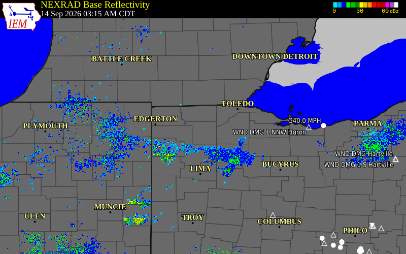 Current NEXRAD radar over Fulton County, Ohio with recent storm report locations