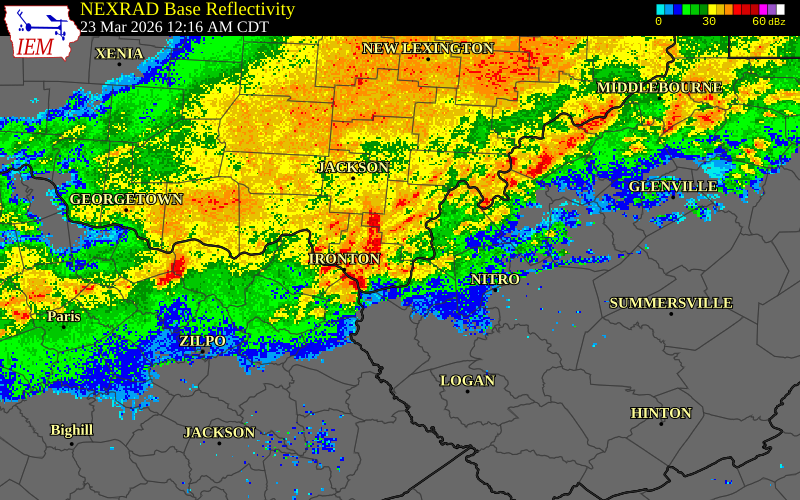 NEXRAD radar during the Monday, March 23, 2026 storm activity in Gallia County, Ohio