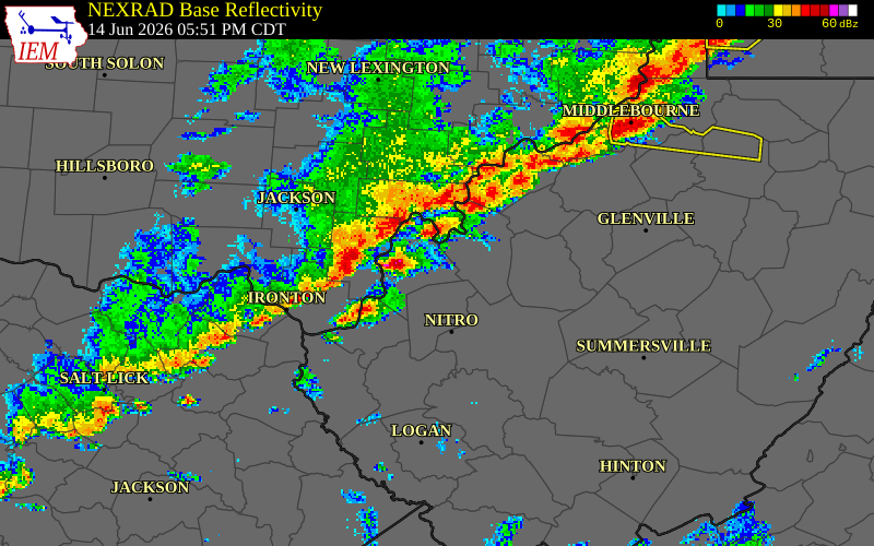 NEXRAD radar during the Sunday, June 14, 2026 storm activity in Gallia County, Ohio