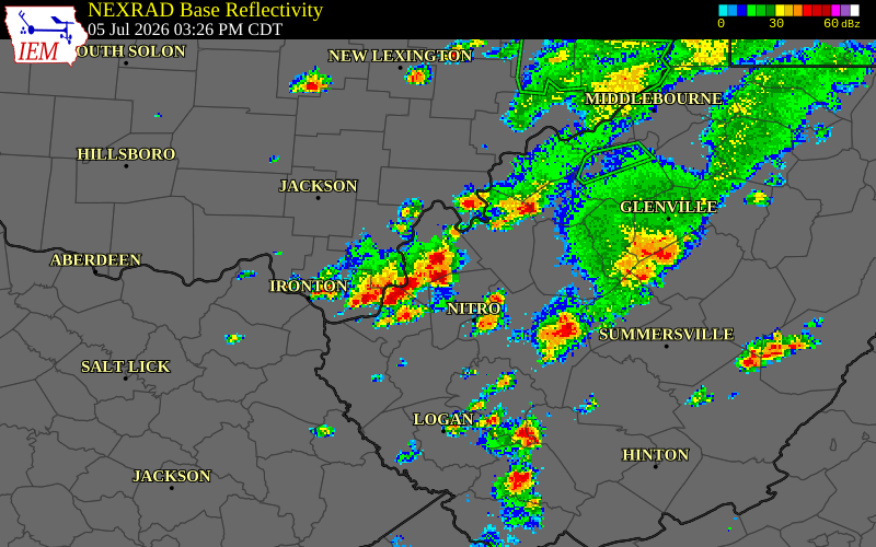 NEXRAD radar during the Sunday, July 5, 2026 storm activity in Gallia County, Ohio