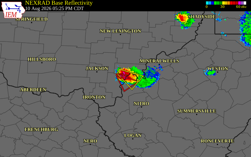 NEXRAD radar during the Monday, August 10, 2026 storm activity in Gallia County, Ohio