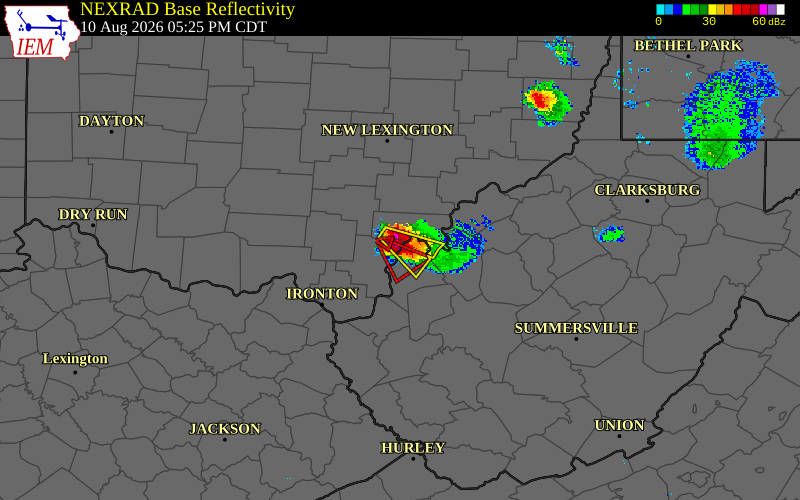 Radar snapshot during the Aug 10, 2026 hail event near 1 SSW Cheshire, Gallia County, Ohio, with NWS warning polygons