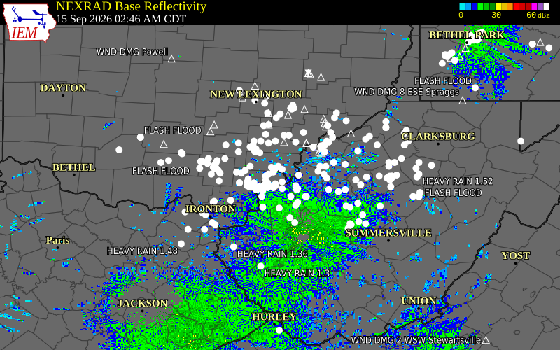 Current NEXRAD radar over Gallia County, Ohio with recent storm report locations