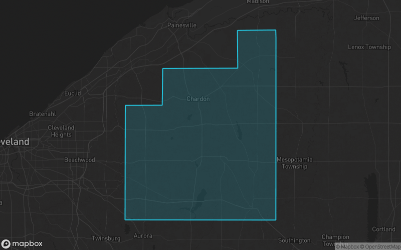 Map of Geauga County, Ohio showing the county boundary and surrounding cities