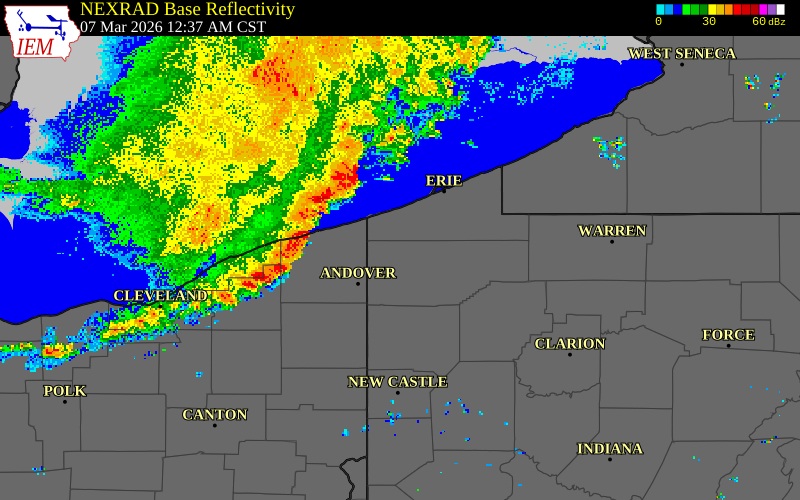 NEXRAD radar during the Saturday, March 7, 2026 storm activity in Geauga County, Ohio