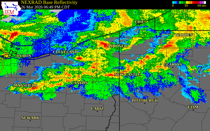NEXRAD radar during the Thursday, March 26, 2026 storm activity in Geauga County, Ohio
