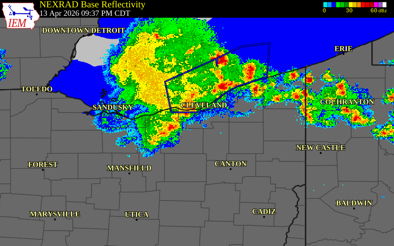 NEXRAD radar during the Monday, April 13, 2026 storm activity in Geauga County, Ohio