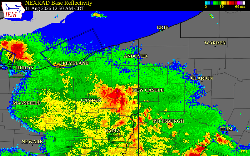 NEXRAD radar during the Tuesday, August 11, 2026 storm activity in Geauga County, Ohio