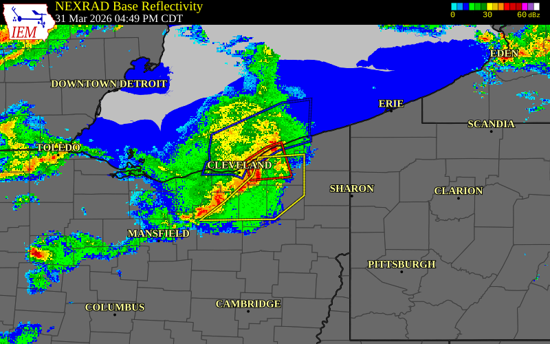 Radar snapshot during the Mar 31, 2026 tornado event near 3 SE Chesterland, Geauga County, Ohio, with NWS warning polygons