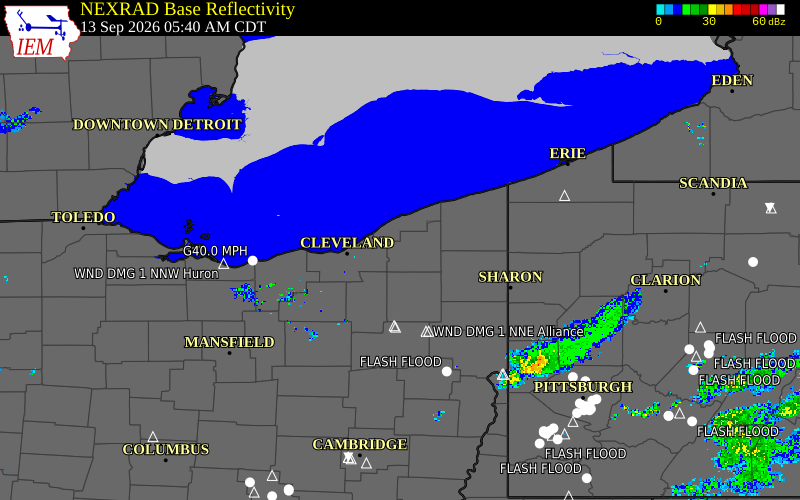 Current NEXRAD radar over Geauga County, Ohio with recent storm report locations