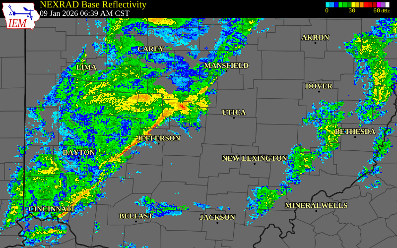 NEXRAD radar during the Friday, January 9, 2026 storm activity in Greene County, Ohio