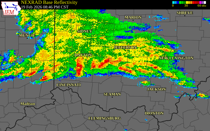 NEXRAD radar during the Thursday, February 19, 2026 storm activity in Greene County, Ohio