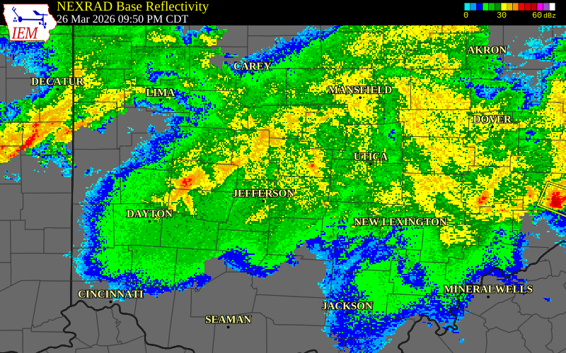 NEXRAD radar during the Thursday, March 26, 2026 storm activity in Greene County, Ohio