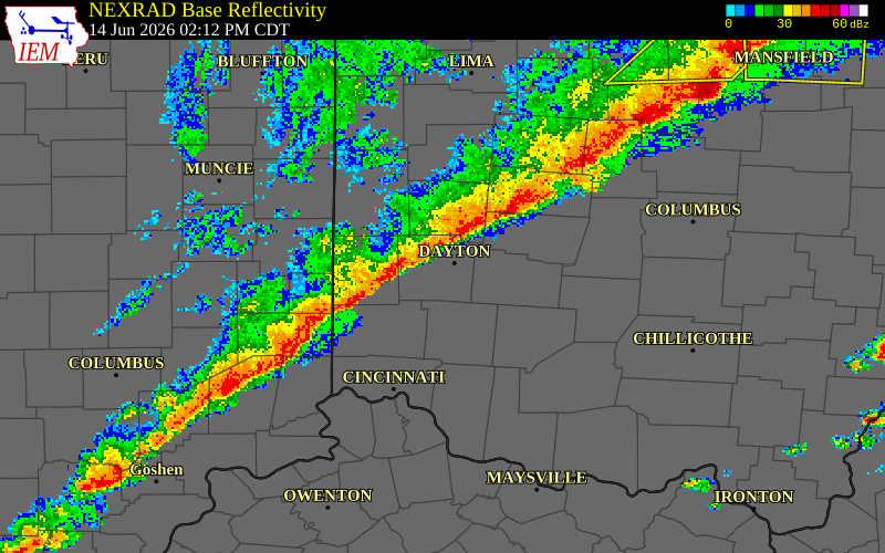 NEXRAD radar during the Sunday, June 14, 2026 storm activity in Greene County, Ohio
