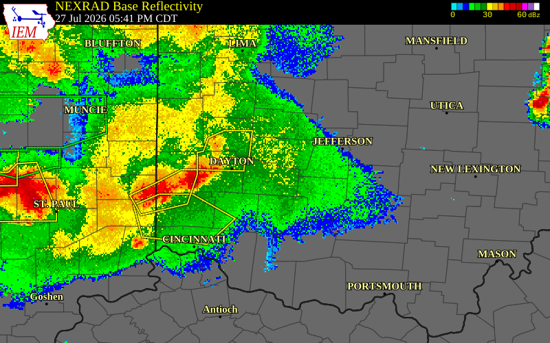 NEXRAD radar during the Monday, July 27, 2026 storm activity in Greene County, Ohio
