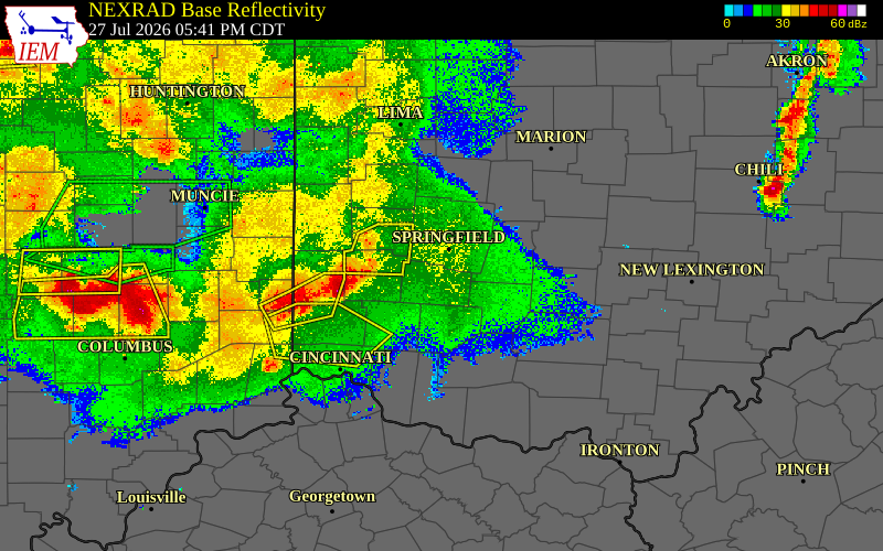 Radar snapshot during the Jul 27, 2026 wind event near Greene County, Greene County, Ohio, with NWS warning polygons